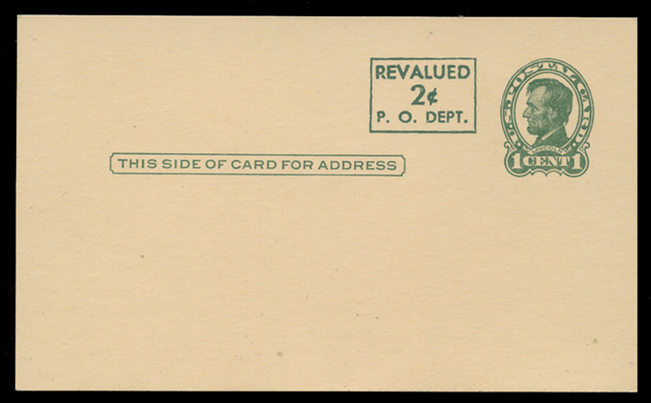 USA Scott # UX  42a/UPSS #S59b-H2NH, 1952 2c on 1c Abraham Lincoln (UX28), green on buff, Head 2 NOTCH & HOLE, offset press-printed surcharge - Mint Postal Card (See Warranty)