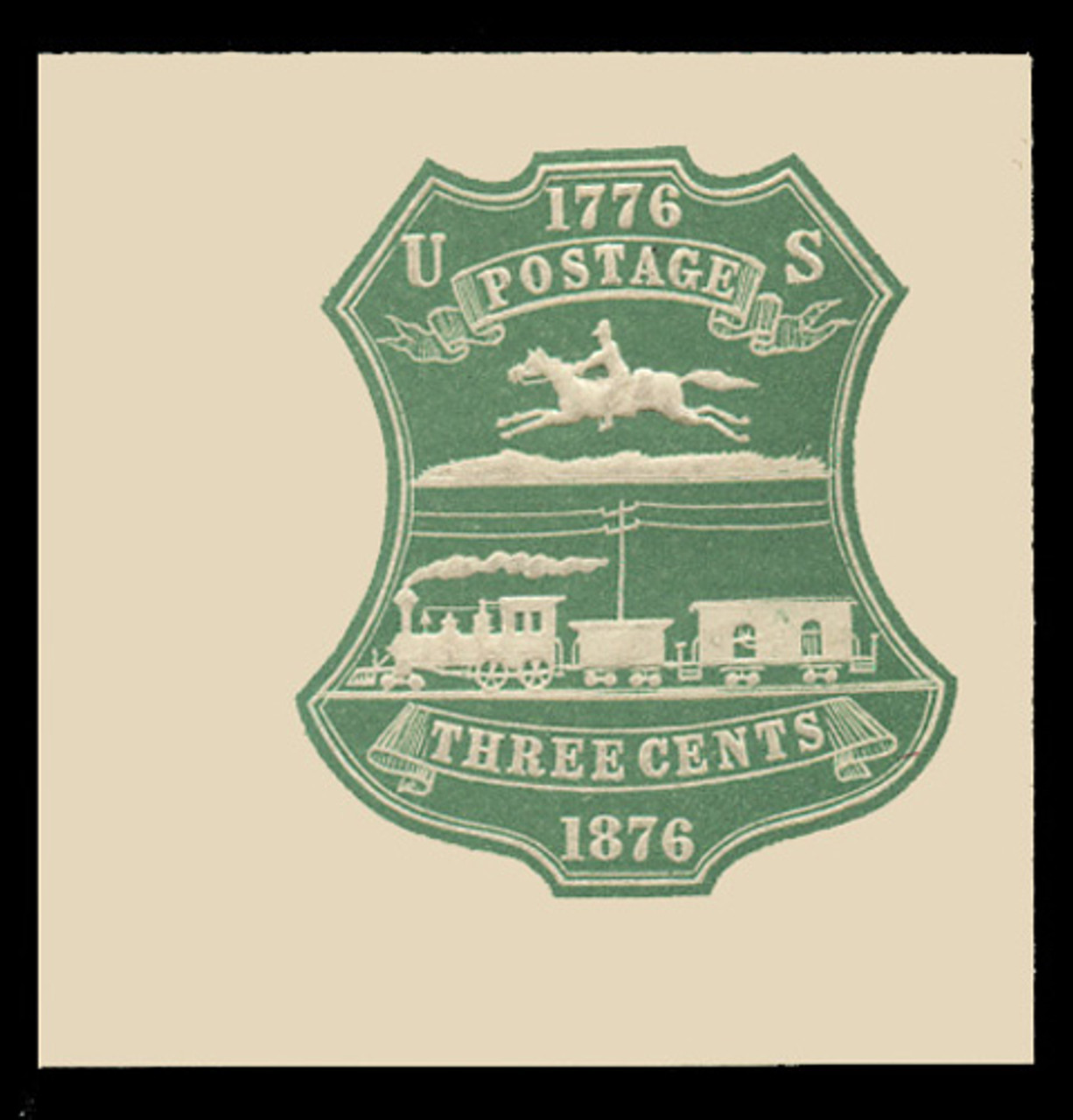 USA Scott # U 219, 1876 3c Centennial, Scott Die U57, single line , green on white - Mint Full Corner