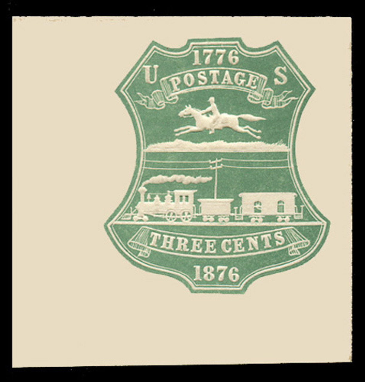 USA Scott # U 221, 1876 3c Centennial, Scott Die U58, double line , green on white - Mint Full Corner