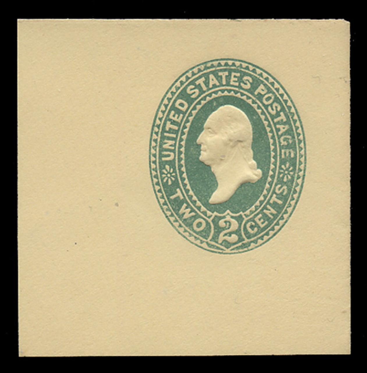 USA Scott # U 312C, 1887-94 2c Washington, "Cap on 2", (UPSS Die 88b), green on amber - Mint Full Corner (See Warranty)