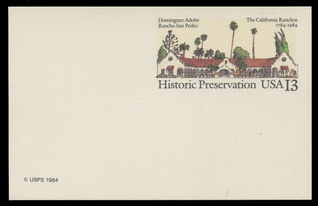 U.S. Scott # UX 104, 1984 13c Rancho San Pedro - Historic Preservation - Mint Postal Card