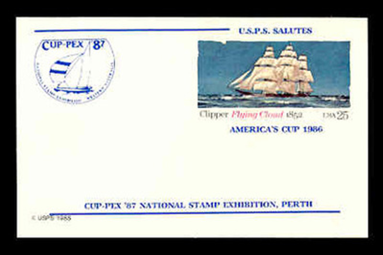 U.S. Scott # UX 107CUPF, 1985 25c Clipper Flying Cloud, CUP-PEX Overprint, Thick Line - Mint Show Logo Postal Card