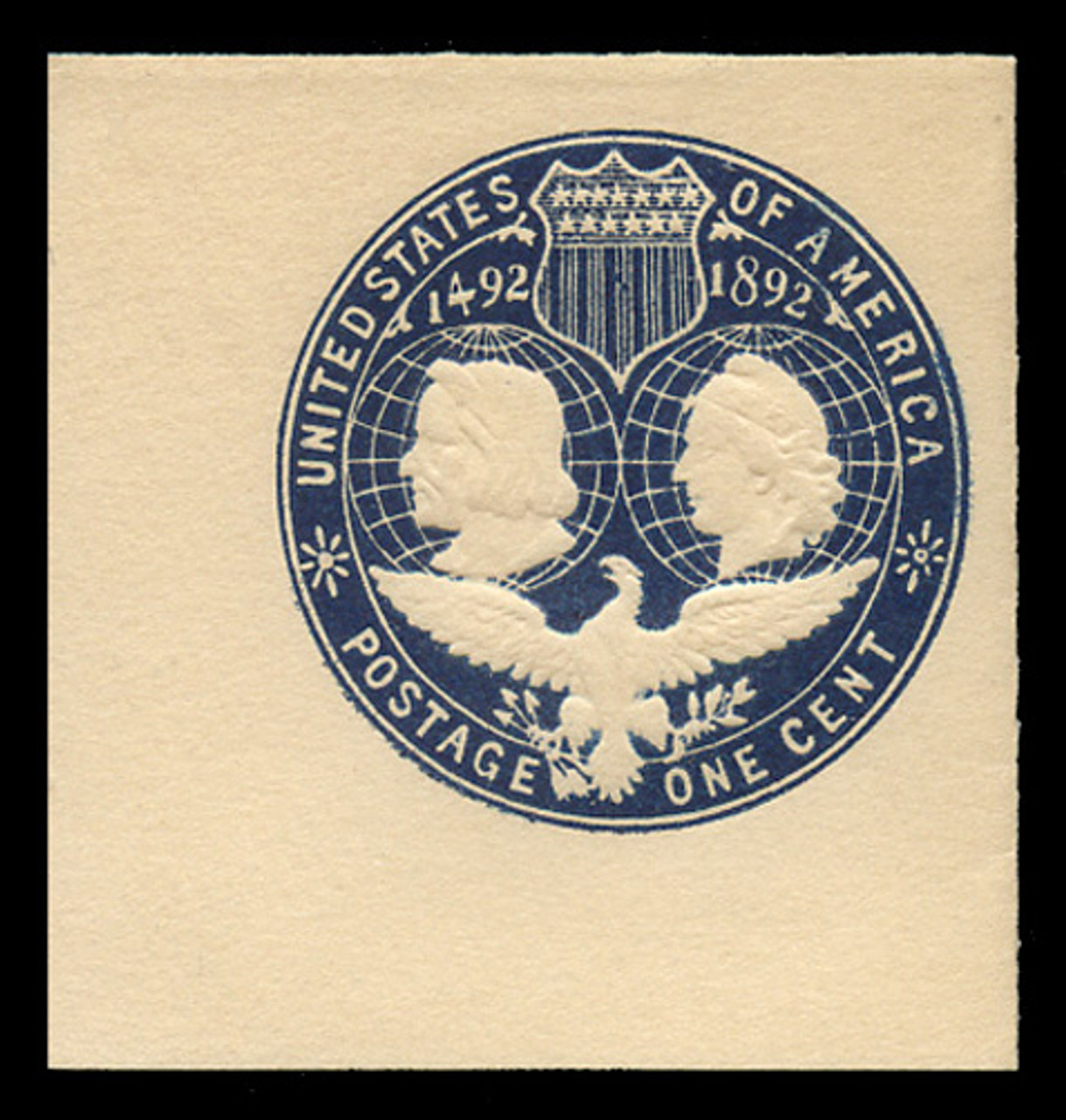 USA Scott # U 348Cdb, 1893 1c Columbian, Scott Die U76, dark blue on white, Sub-Die 3 - Mint Full Corner (See Warranty)
