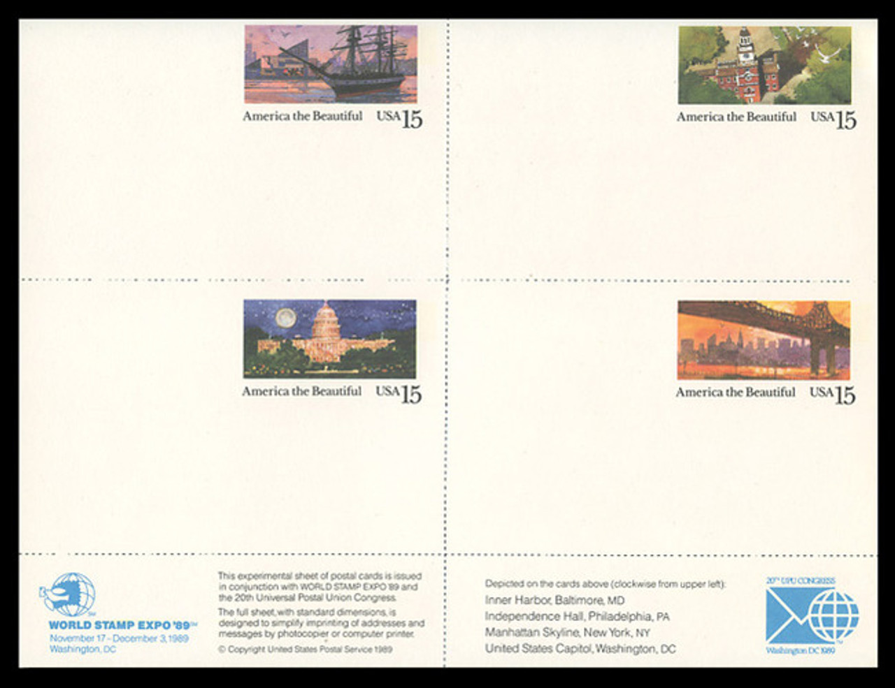 U.S. Scott # UX 142a, 1989 15c America the Beautiful - Sheet of 4 Postal Cards, Mint