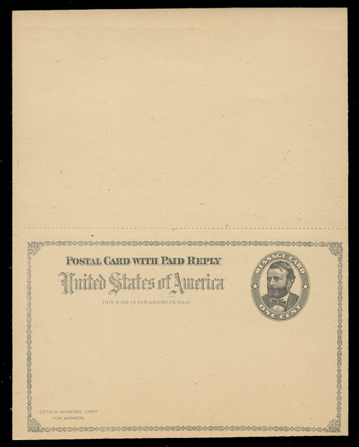 USA Scott # UY  1  Sep. 1, 1892 1c Grant (WITH Frame) - Mint Message-Reply Card - UNFOLDED (See Warranty)