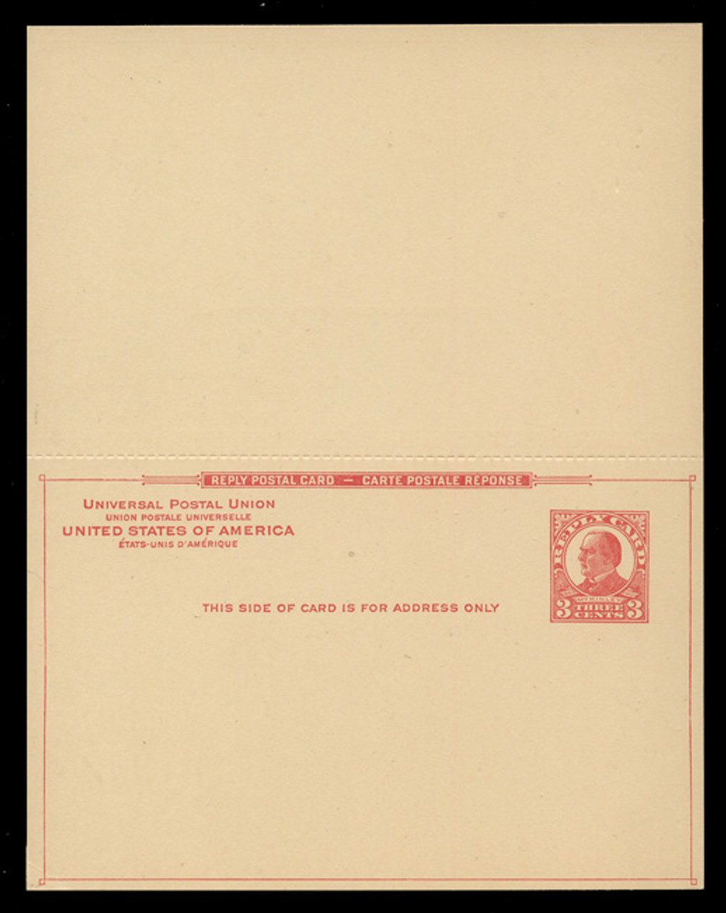 USA Scott # UY 12  Sep. 8, 1926 3c McKinley - Mint Message-Reply Card - UNFOLDED (See Warranty)