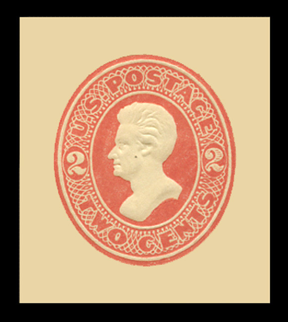 USA Scott # U 143, 1874-86 2c Jackson, Scott Die U40, vermilion on amber - Mint Cut Square