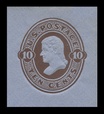 USA Scott # U 192, 1874-86 10c Jefferson, Scott Die 51, brown on blue - Mint Cut Square