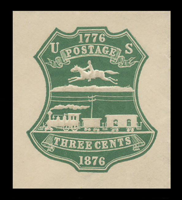 USA Scott # U 221, 1876 3c Centennial, Scott Die U58, double line , green on white - Mint Cut Square