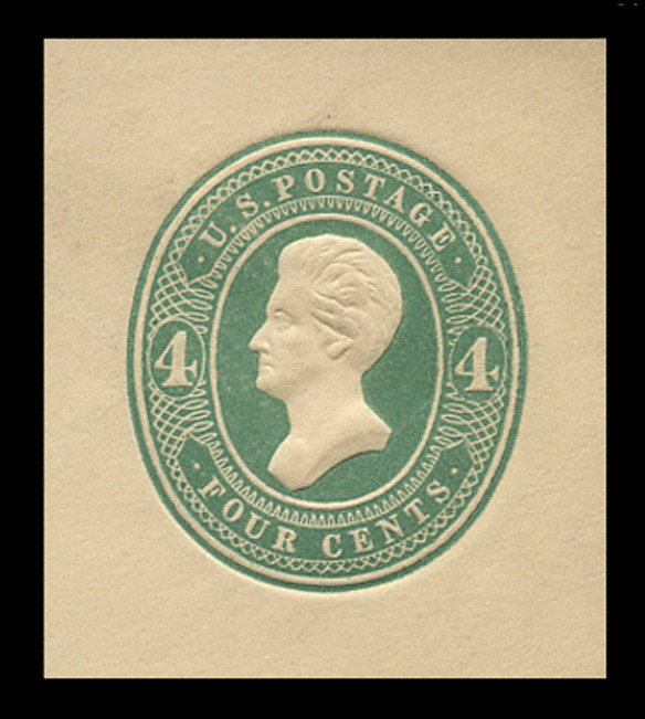 USA Scott # U 250, 1883-6 4c Jackson, Scott Die U66-1 (thin "4"), green on white - Mint Cut Square