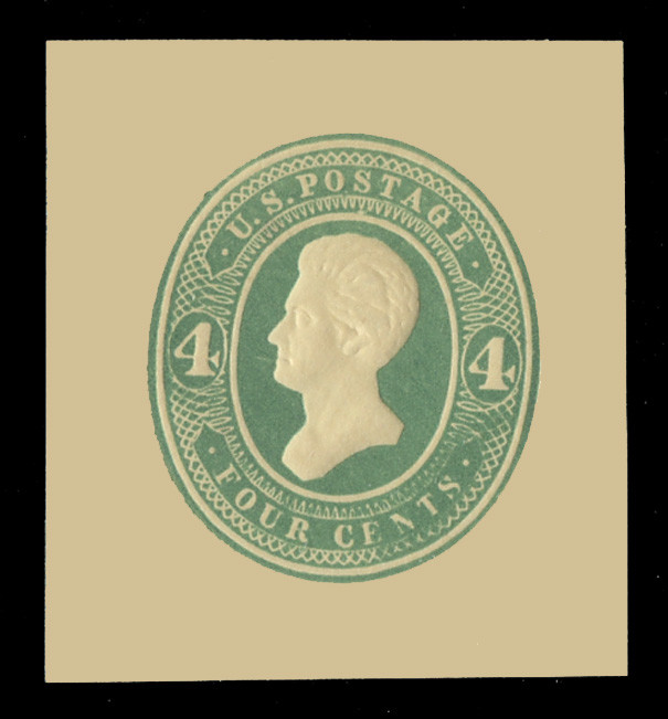USA Scott # U 257, 1883-6 4c Jackson, Scott Die U66-2 (wide "4"), green on amber - Mint Cut Square