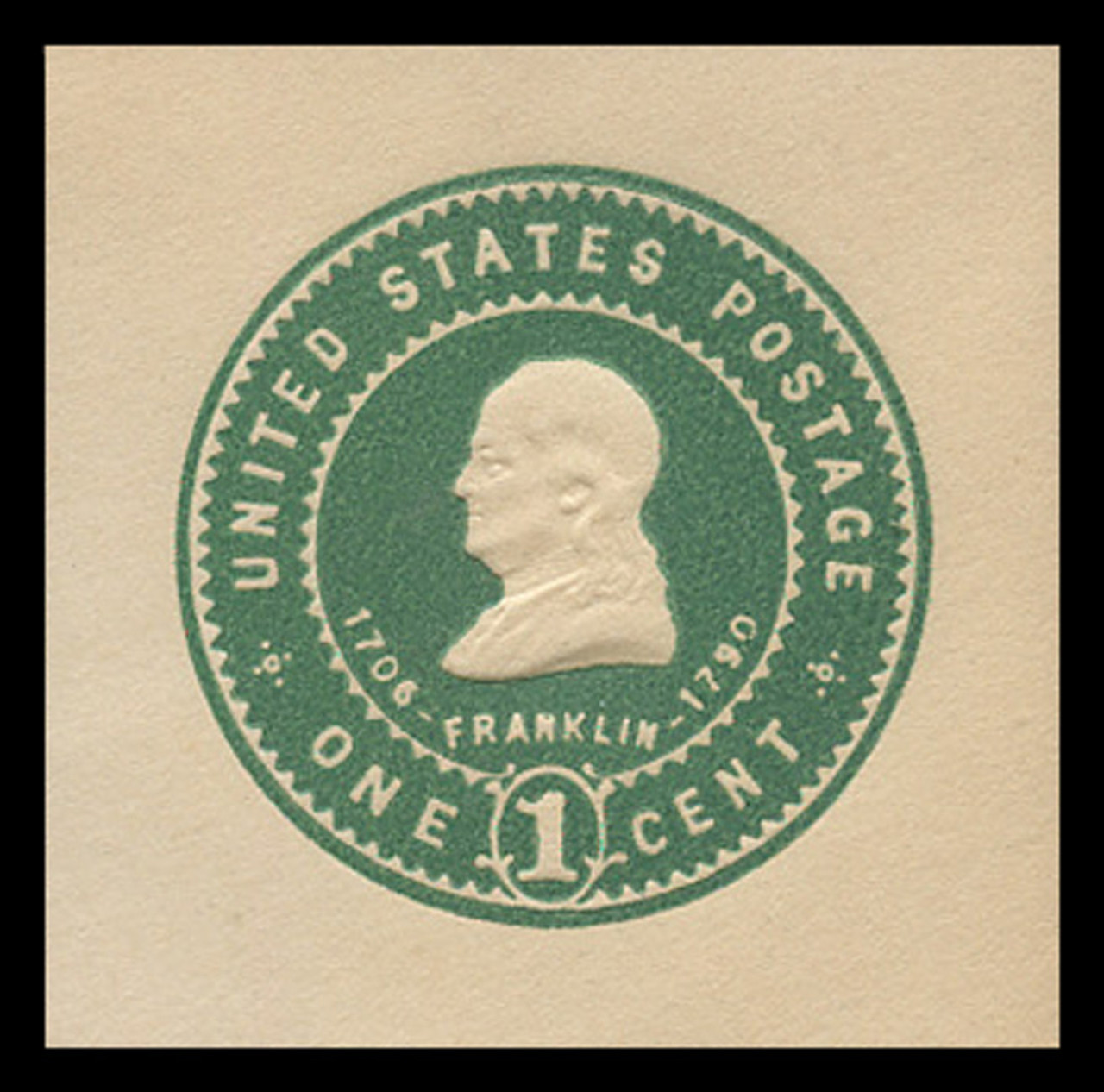 USA Scott # U 379, 1903 1c Franklin, Scott Die U85, green on white - Mint Cut Square (See Warranty)