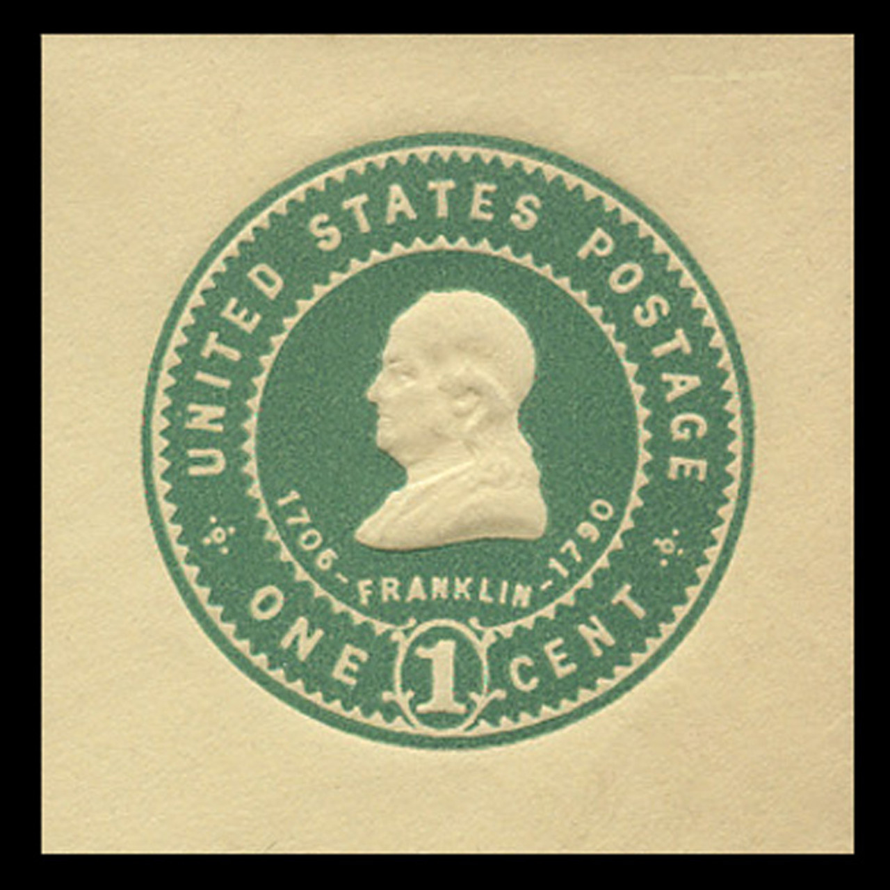 USA Scott # U 380, 1903 1c Franklin, Scott Die U85, green on amber - Mint Cut Square (See Warranty)