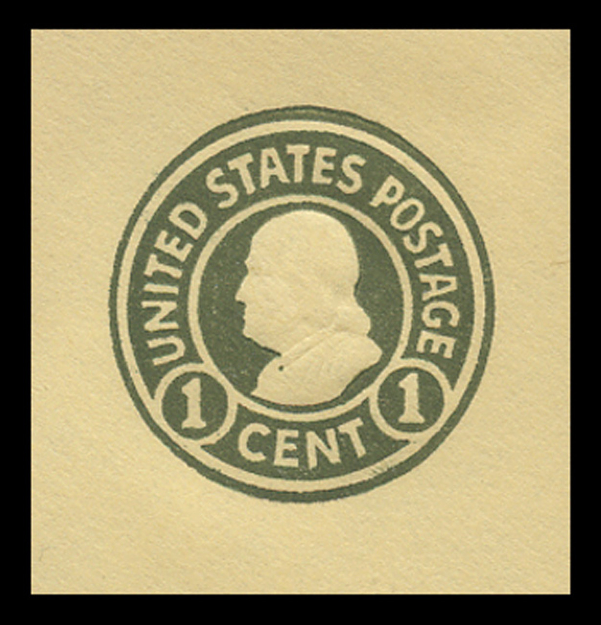 USA Scott # U 421, 1915-32 1c Franklin, Scott Die U92, green on amber, Die 1 - Mint Cut Square
