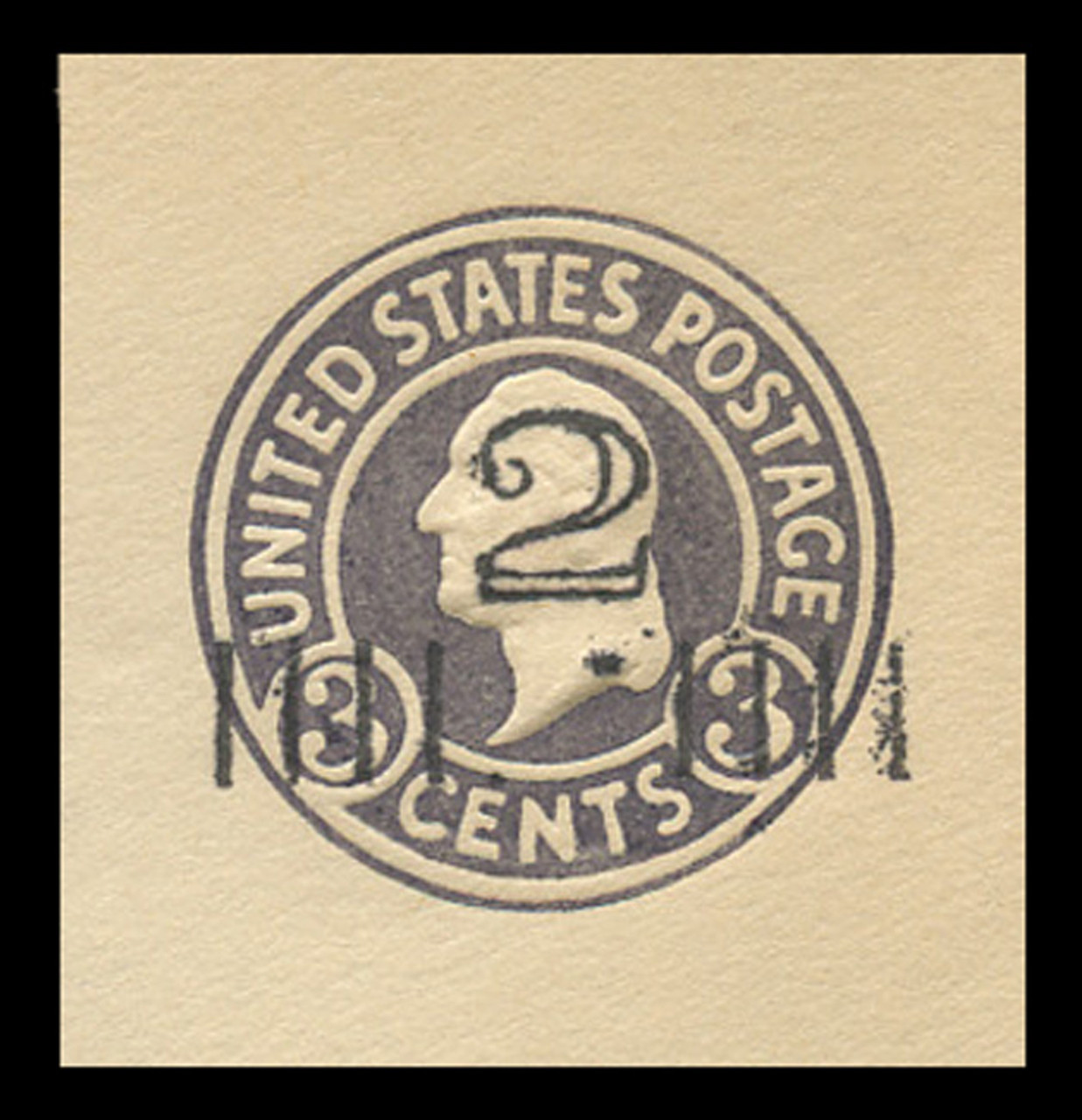 USA Scott # U 458b, 1920-1 2c on 3c (U436c) Washington, dark violet on white, Die 6 - Mint Cut Square