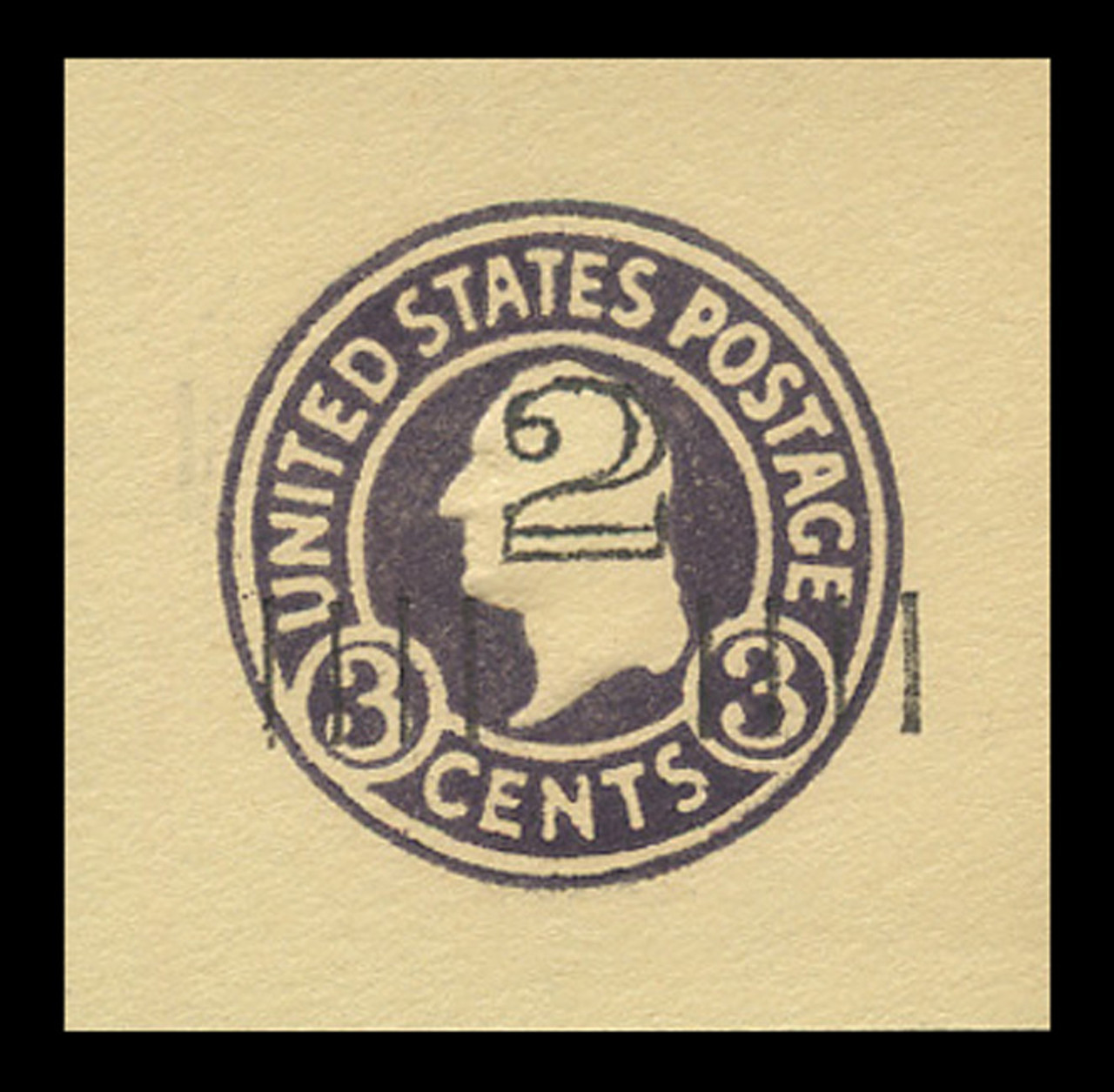 USA Scott # U 459, 1920-1 2c on 3c (U437c) Washington, dark violet on amber, Die 6 - Mint Cut Square