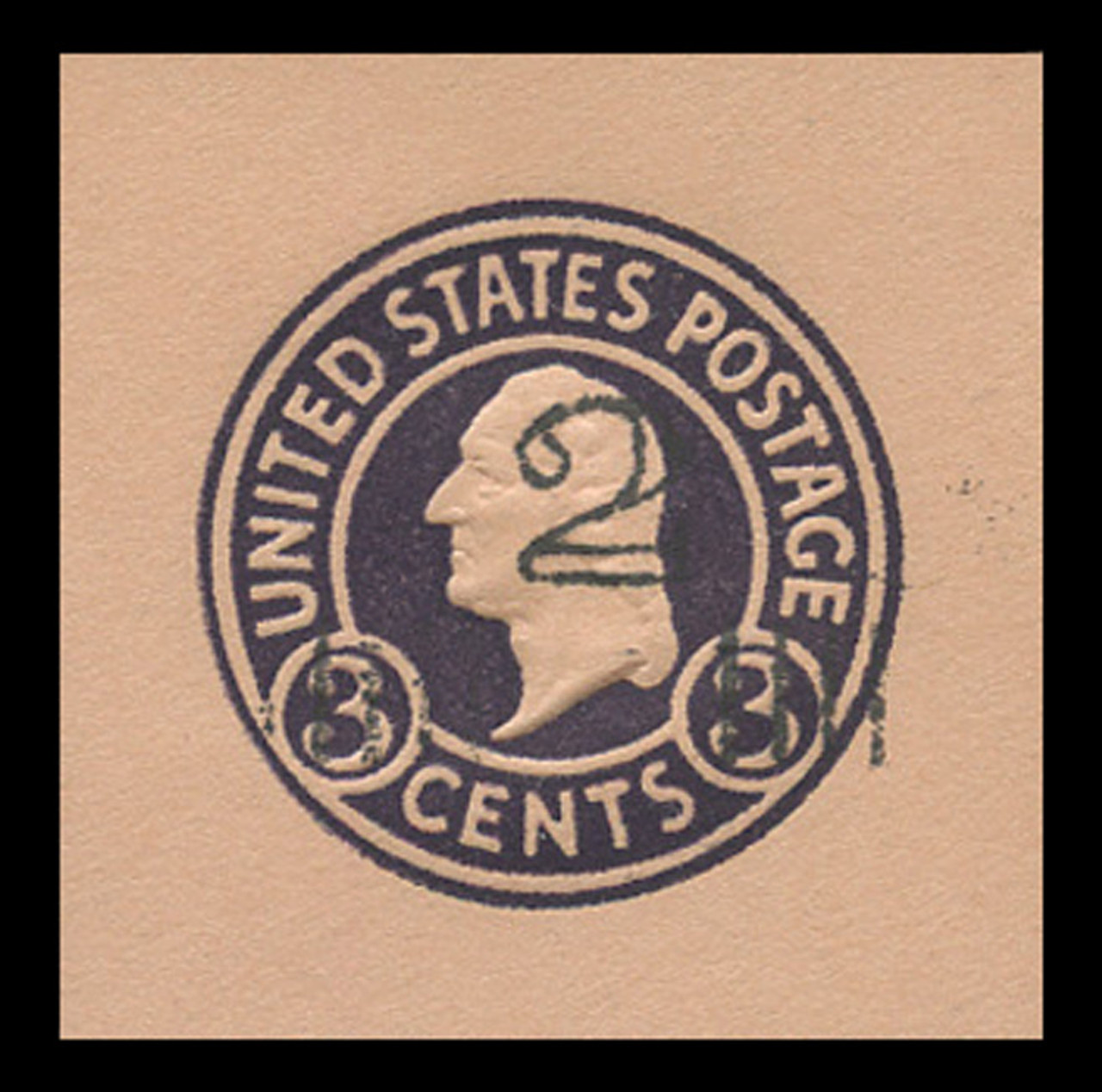 USA Scott # U 470b, 1920-1 2c on 3c (U438b) Washington, dark violet on oriental buff, Die 6 - Mint Cut Square