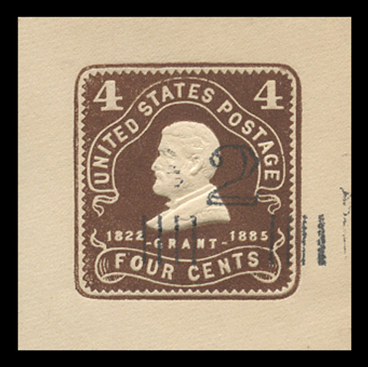 USA Scott # U 472, 1920-1 2c on 4c (U390) Grant, chocolate on white - Mint Cut Square