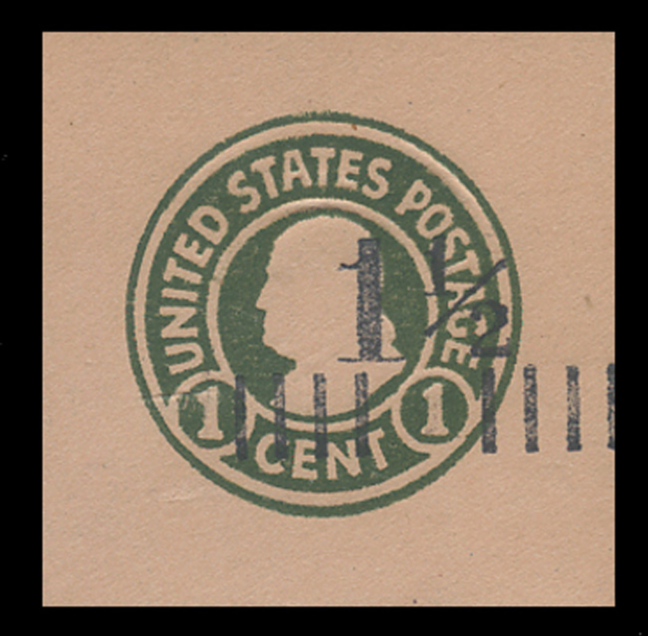 USA Scott # U 497, 1925 1½c on 1c (U422) Franklin, green on buff, Die 1 - Mint Cut Square