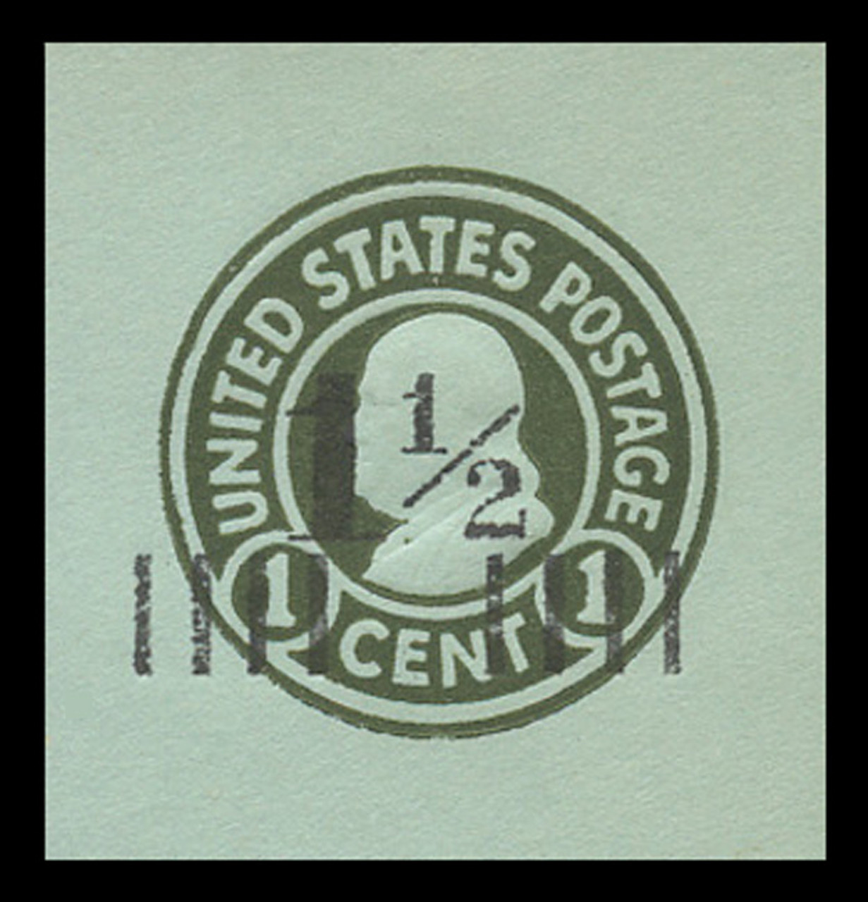 USA Scott # U 498a, 1925 1½c on 1c (U423) Franklin, green on blue, Die 1 - Mint Cut Square