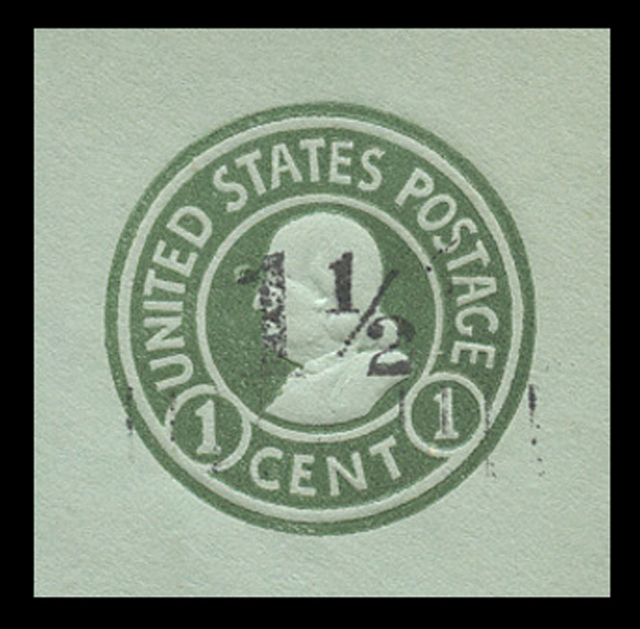 USA Scott # U 498b, 1925 1½c on 1c (U423b) Franklin, green on blue, Die 3 - Mint Cut Square