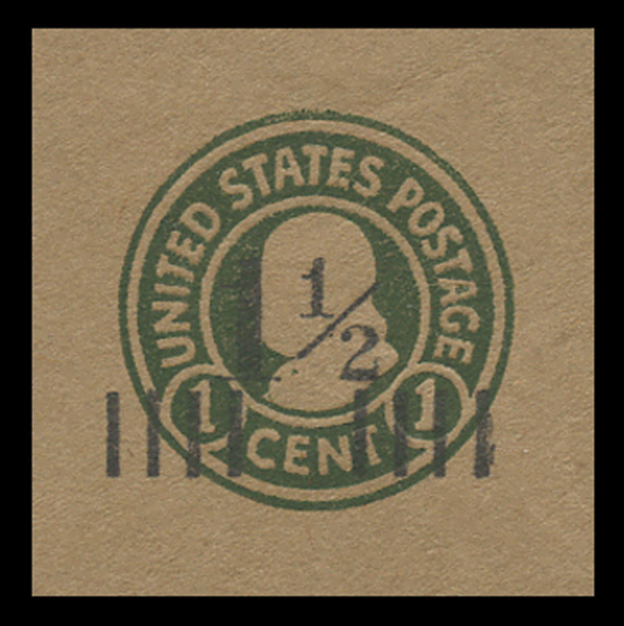 USA Scott # U 500, 1925 1½c on 1c (U428) Franklin, green on unglazed brown, Die 1 - Mint Cut Square (See Warranty)