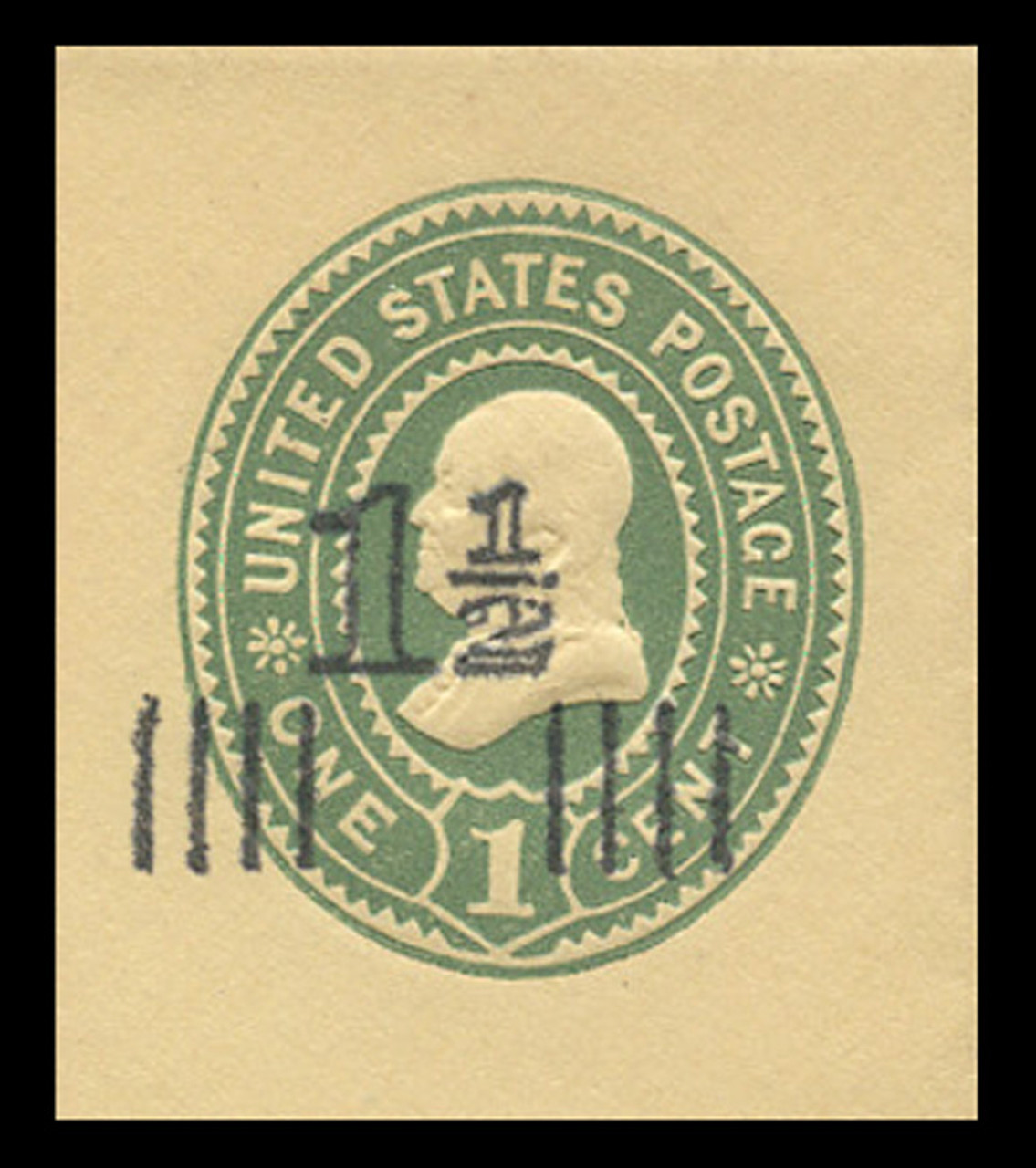 USA Scott # U 508, 1925 1½c on 1c (U353) Franklin, green on amber - Mint Cut Square