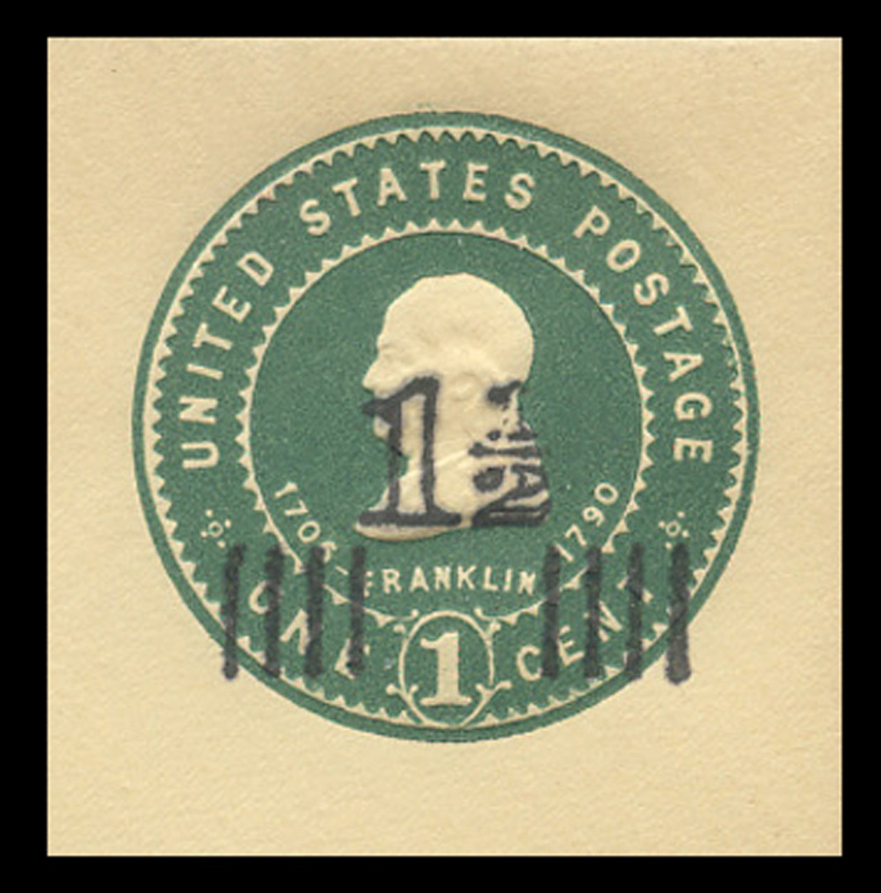USA Scott # U 509, 1925 1½c on 1c (U380) Franklin, green on amber - Mint Cut Square