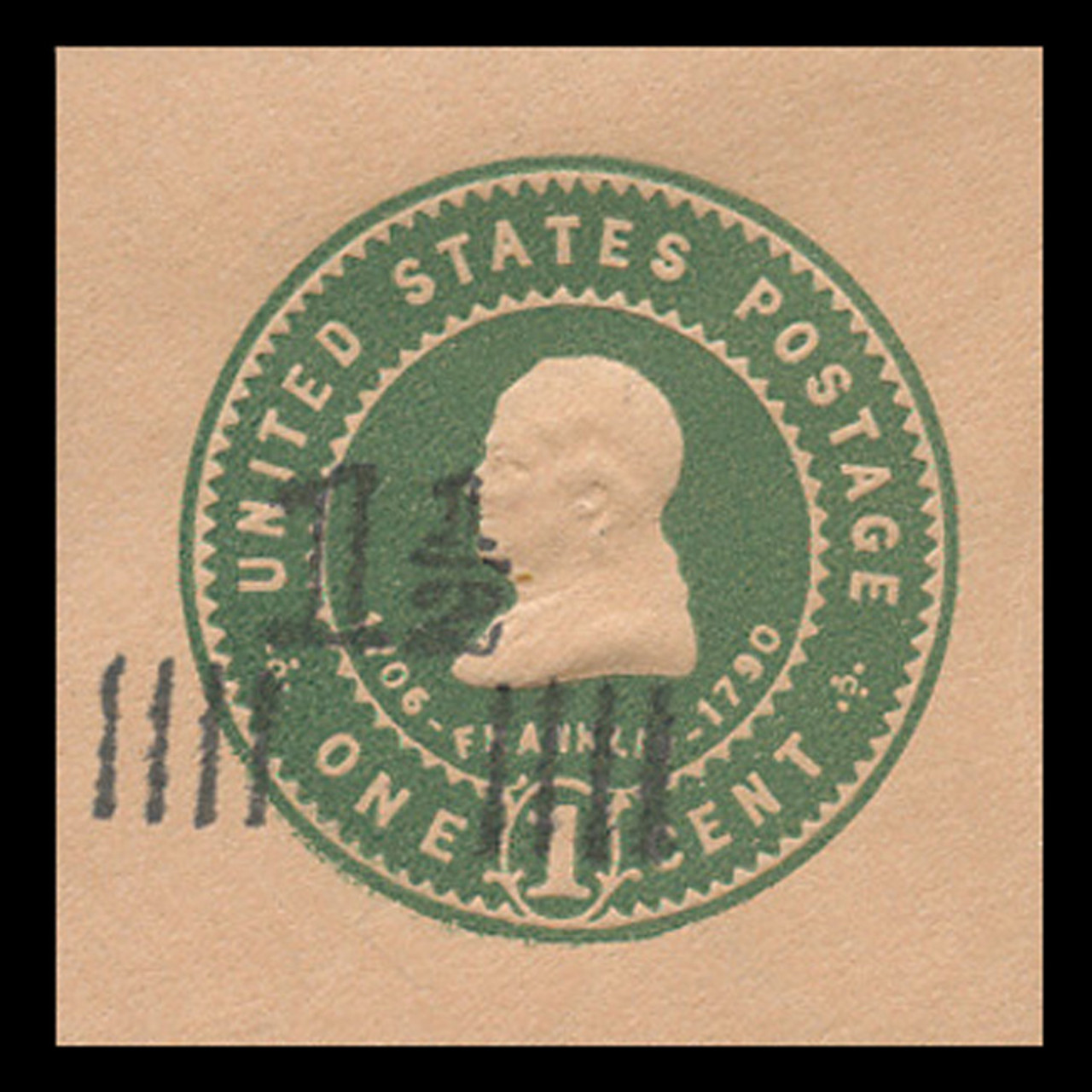 USA Scott # U 509B, 1925 1½c on 1c (U381) Franklin, green on oriental buff - Mint Cut Square