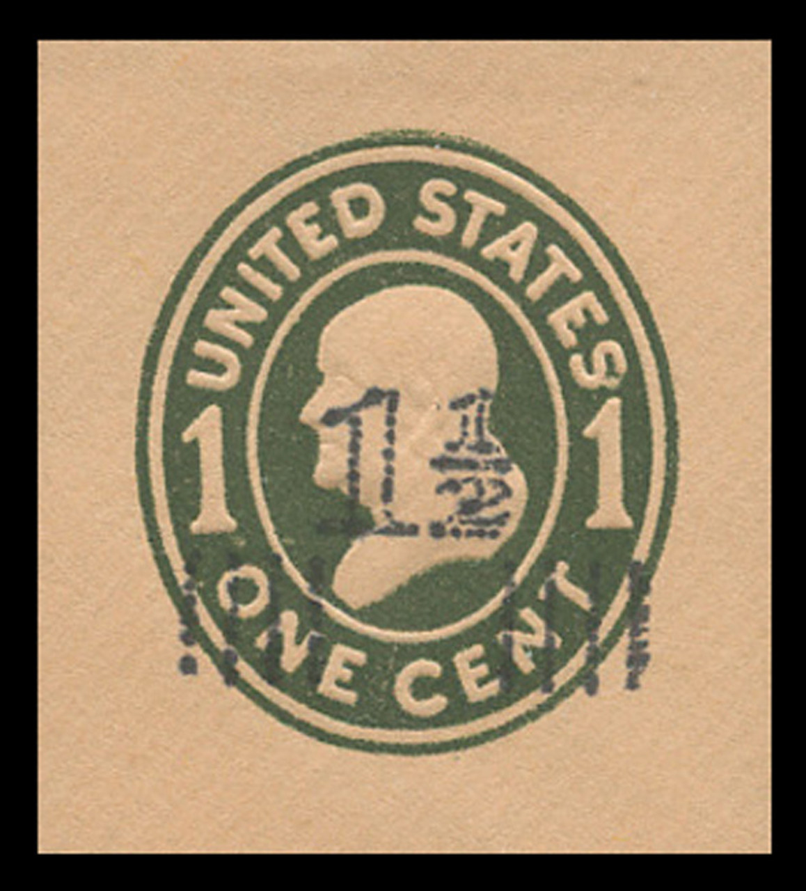 USA Scott # U 512, 1925 1½c on 1c (U402) Franklin, green on buff, Die 1 - Mint Cut Square