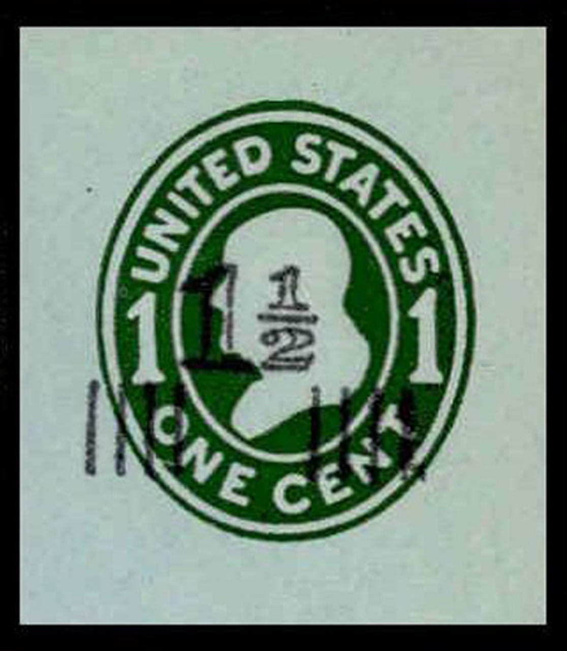 USA Scott # U 513, 1925 1½c on 1c (U403) Franklin, green on blue, Die 1 - Mint Cut Square