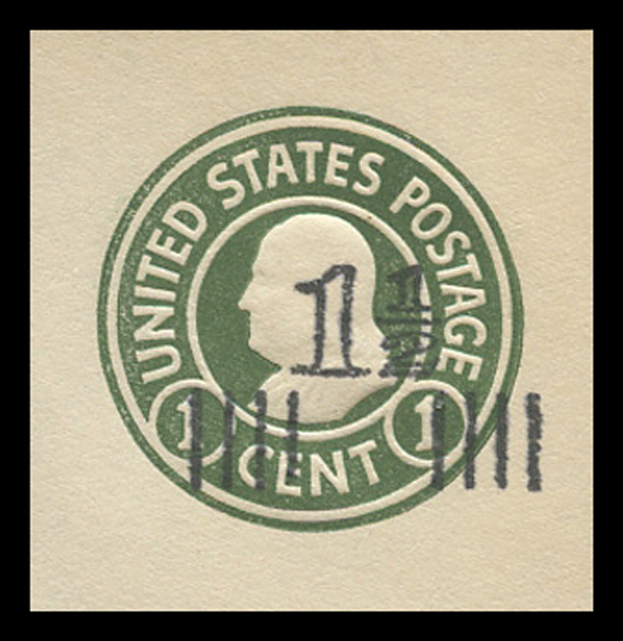 USA Scott # U 515a, 1925 1½c on 1c (U420a) Franklin, green on white, Die 2 - Mint Cut Square