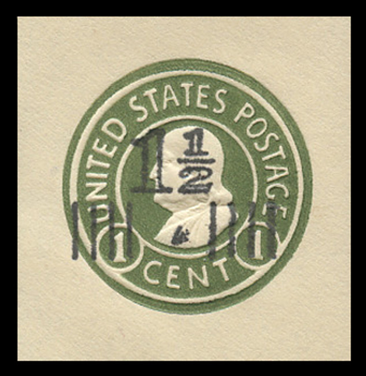 USA Scott # U 515b, 1925 1½c on 1c (U420b) Franklin, green on white, Die 3 - Mint Cut Square