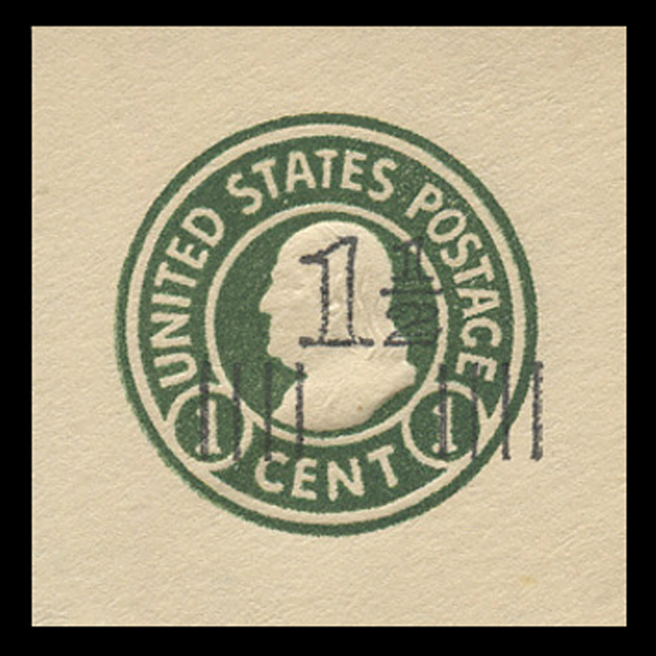 USA Scott # U 515c, 1925 1½c on 1c (U420c) Franklin, green on white, Die 4 - Mint Cut Square