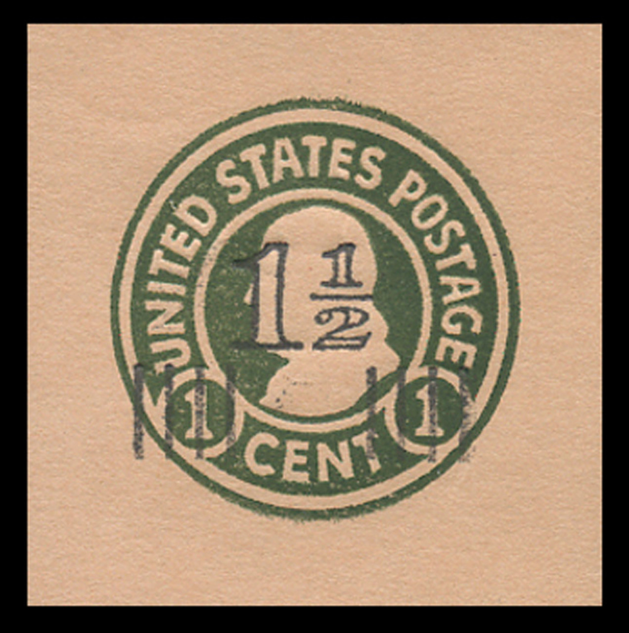 USA Scott # U 517, 1925 1½c on 1c (U422) Franklin, green on oriental buff, Die 1 - Mint Cut Square