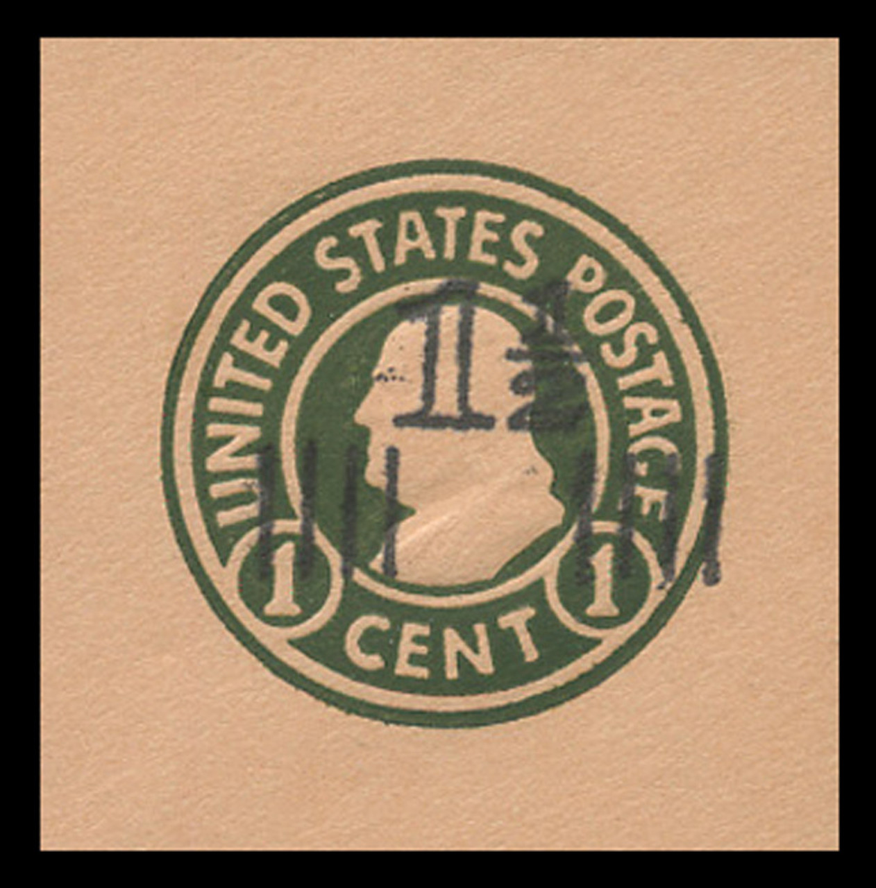 USA Scott # U 517a, 1925 1½c on 1c (U422a) Franklin, green on oriental buff, Die 4 - Mint Cut Square