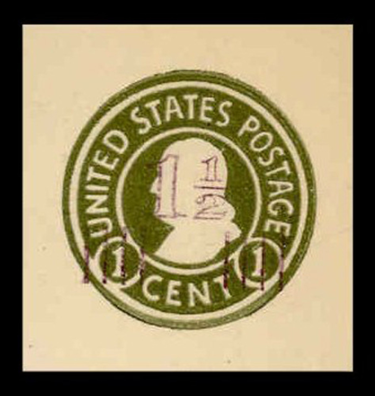 USA Scott # U 521, 1925 1½c on 1c (U420b) Franklin, green on white, Die 3, magenta surcharge - Mint Cut Square