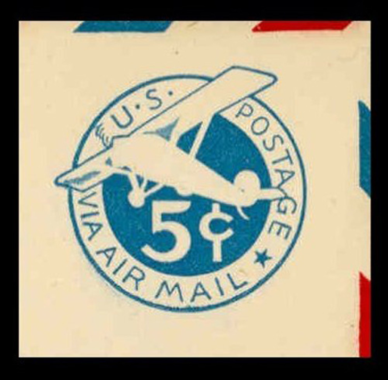 USA Scott # UC  2 1929 5c Plane, Blue Background, Die 2, Border b(2) - Mint Cut Square (See Warranty)