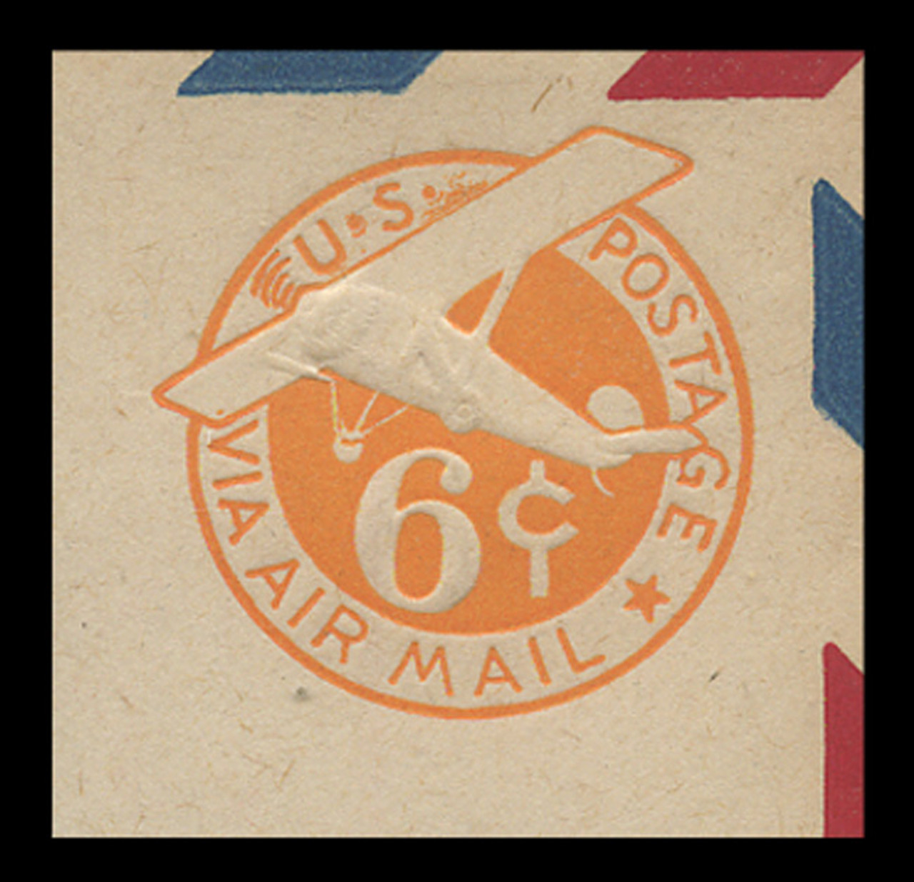 USA Scott # UC  6-REC 1942 6c Plane, Orange Background, Die 3, Border b(2) Re-Cut Die, (Thin Strut), - Mint Cut Square (See Warranty)