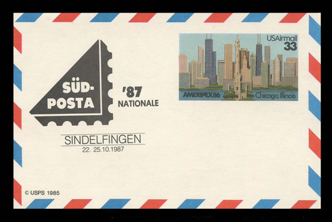 U.S. Scott # UXC 23SUDSHIFT, 1986 33c AMERIPEX '86, SUDPOSTA '87 Overprint - Mint.  Scarce Error.  Overprint shifted up 10-15mm. - Mint Show Logo Postal Card