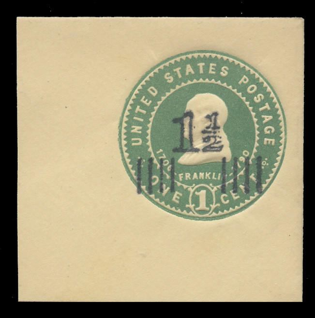 USA Scott # U 509, 1925 1½c on 1c (U380) Franklin, green on amber - Mint Full Corner