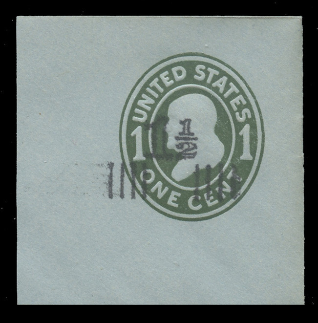 USA Scott # U 513, 1925 1½c on 1c (U403) Franklin, green on blue, Die 1 - Mint Full Corner