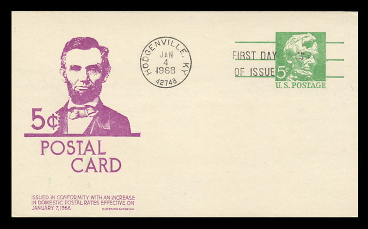 U.S. Scott #UX55 5c Abraham Lincoln Postal Card First Day Cover.  Anderson cachet, VIOLET variety.