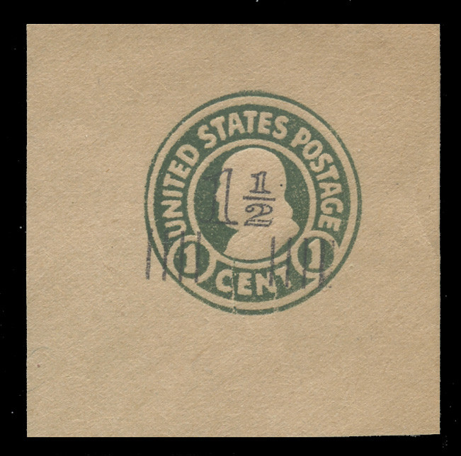 USA Scott # U 519, 1925 1½c on 1c (U424) Franklin, green on manila, Die 1 - Mint Full Corner