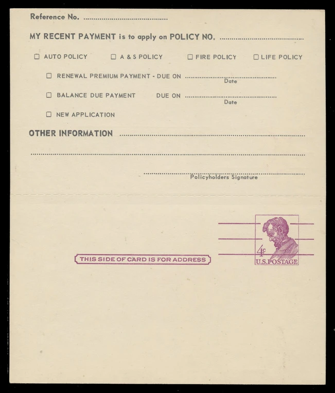 USA Scott # UY 18/UPSS # MR28Ac, 1962 4c Lincolns - Type1 on M, Type 2 on R - UNUSED Message/Reply Card (MUST - See Other Details))