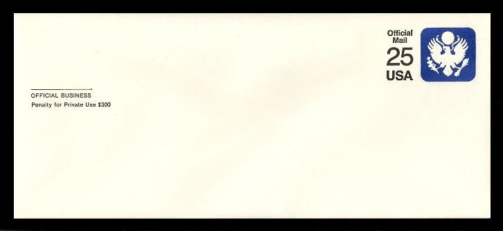 U.S. Scott # UO 077 1988 25c Official Mail, white background, thin lines - Mint Envelope, UPSS Size 23