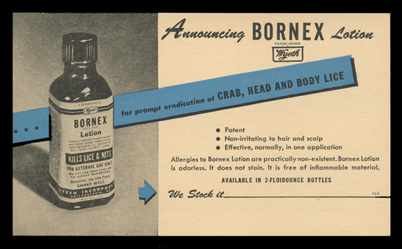 Wyeth, Inc., Bornex Head Lice Solution Advertising Postal Card (On Scott #UX27) - Est. period of use, late 1940s.