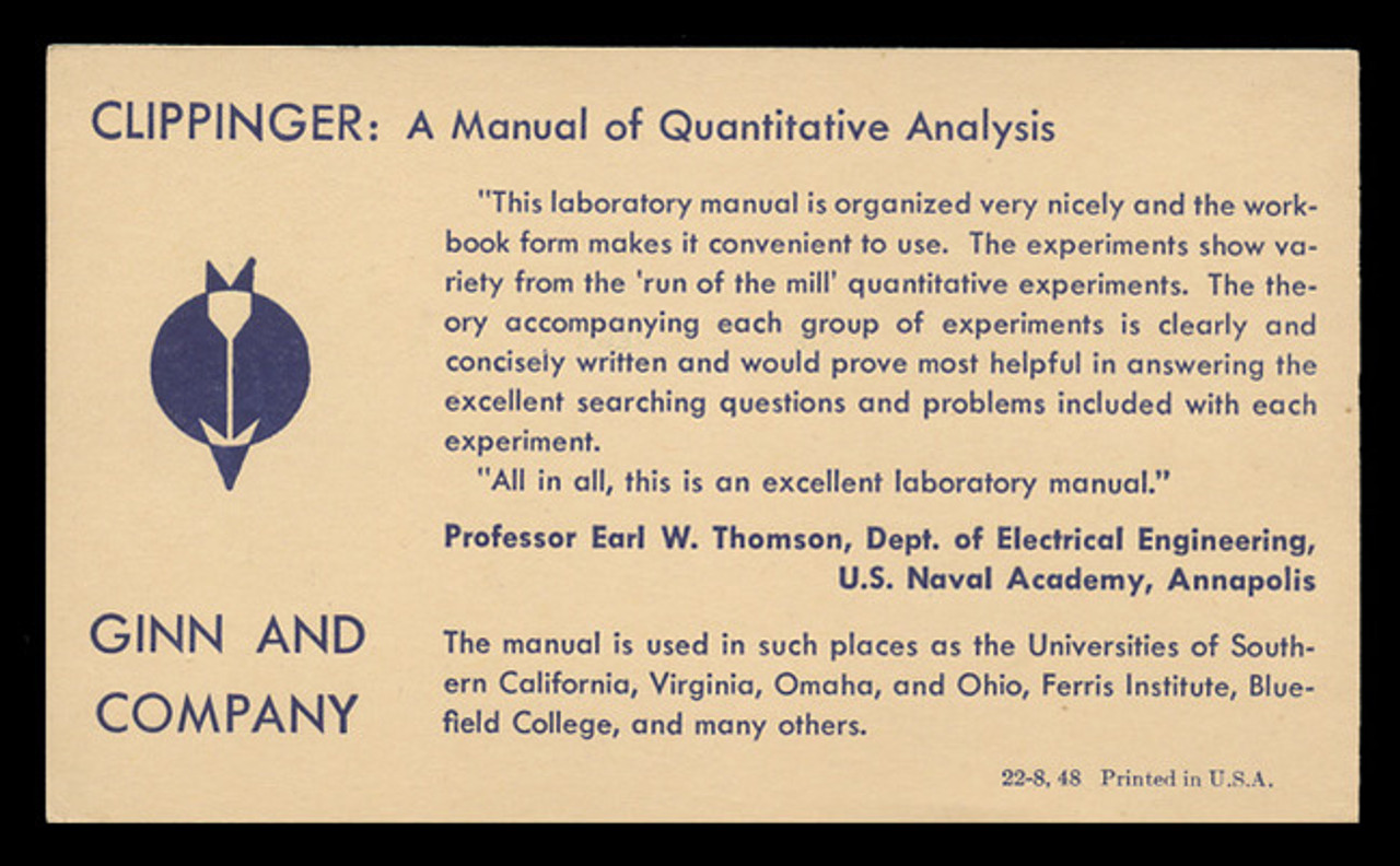 Ginn & Company, Clippinger's Manual of Quantitative Analysis Aadvertising Ppostal Card (On Scott #UX27) - Est. period of use, late 1940s.