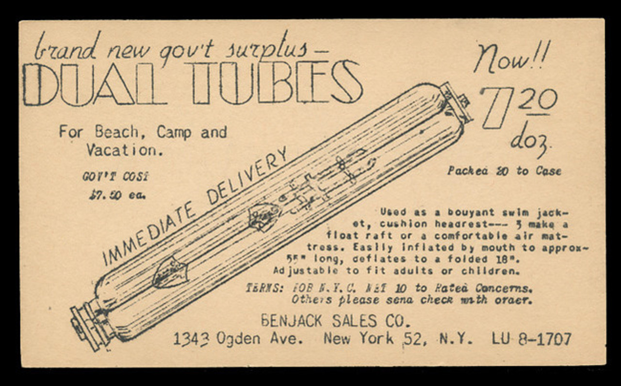 Benjack Sales Company, Gov't surplus tubes Advertising Postal Card (On Scott #UX27) - Est. period of use, late 1940s.