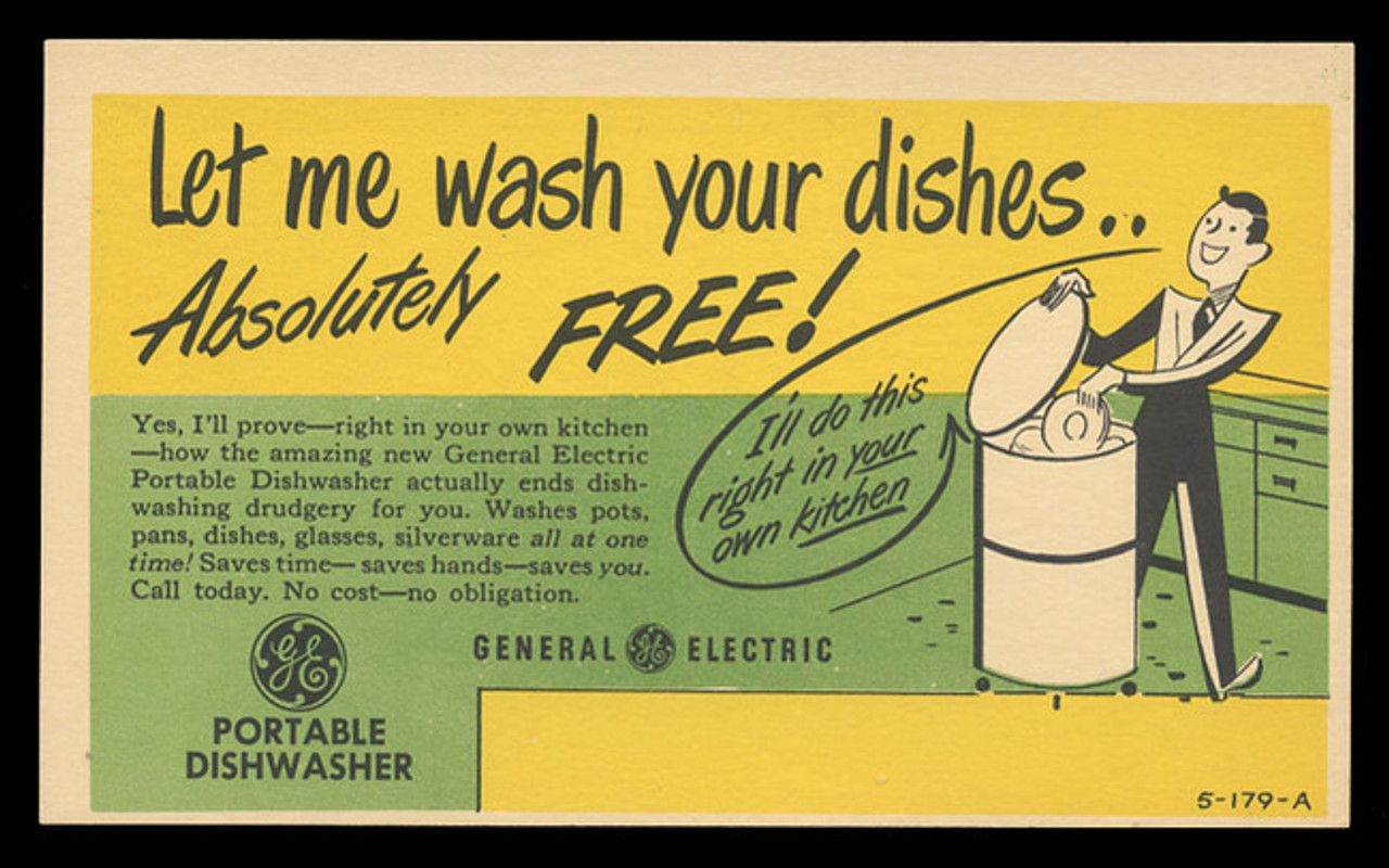 General Electric, Free Dishwashing Demo Postal Card (On Scott #UX27) - Est. period of use, late 1940s.
